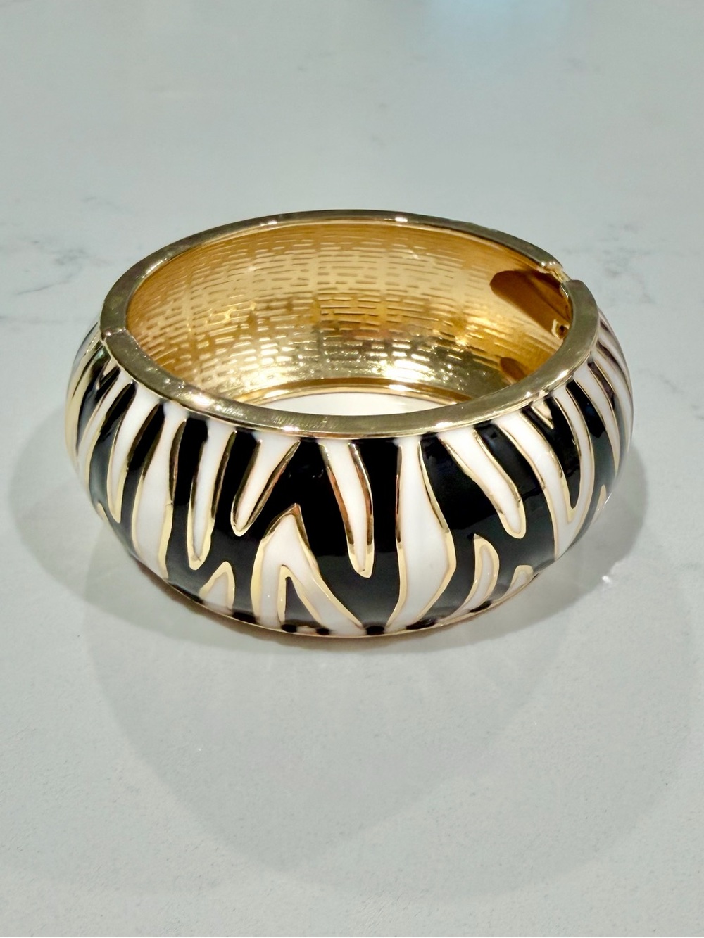 Zebra Enamel Clamper Bangle Bracelet Black White Gold Tone